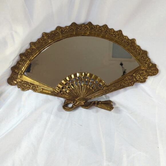 Vintage Brass Fan Shaped Vanity Mirror Missing Stand Victorian Art Nouveau - Picture 8 of 15